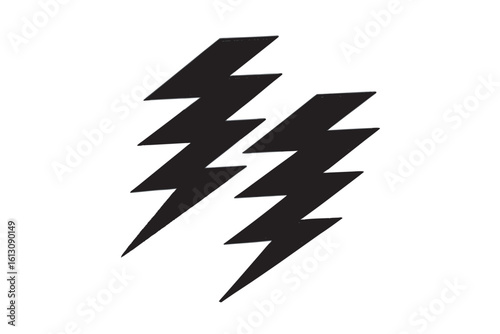 Two stylized black lightning bolts on a white background representing power speed electricity or a graphic element for design and illustration purposes simple and bold