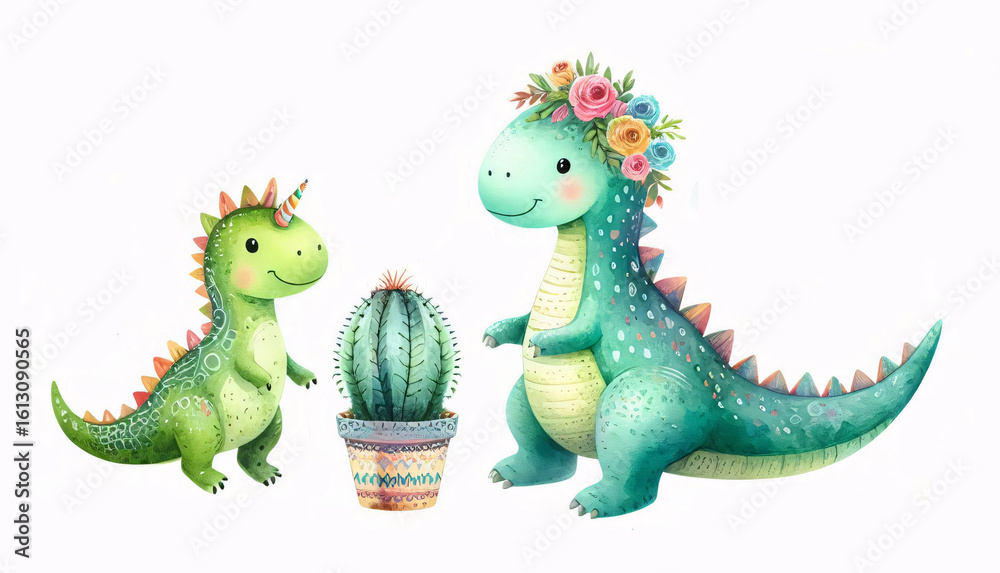 Fototapeta premium Cute Cartoon Dinosaurs with Floral Crown and Butterflies Watercolor Style