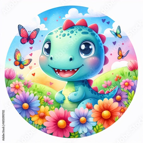 Joyful Dinosaur Cartoon in a Spring Flower Meadow with Butterflies