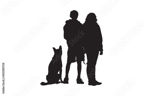 Silhouette of a child and adult standing with a dog creating a family portrait with a pet isolated on a white background showcasing companionship and