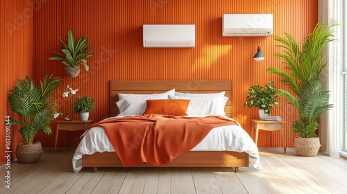 A cozy bedroom featuring an orange accent wall  wooden bed  numerous plants  and natural light streaming in