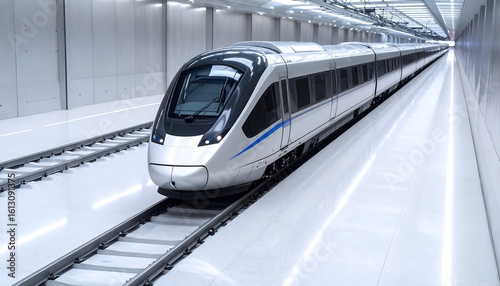 Modern high-speed train in a white tunnel