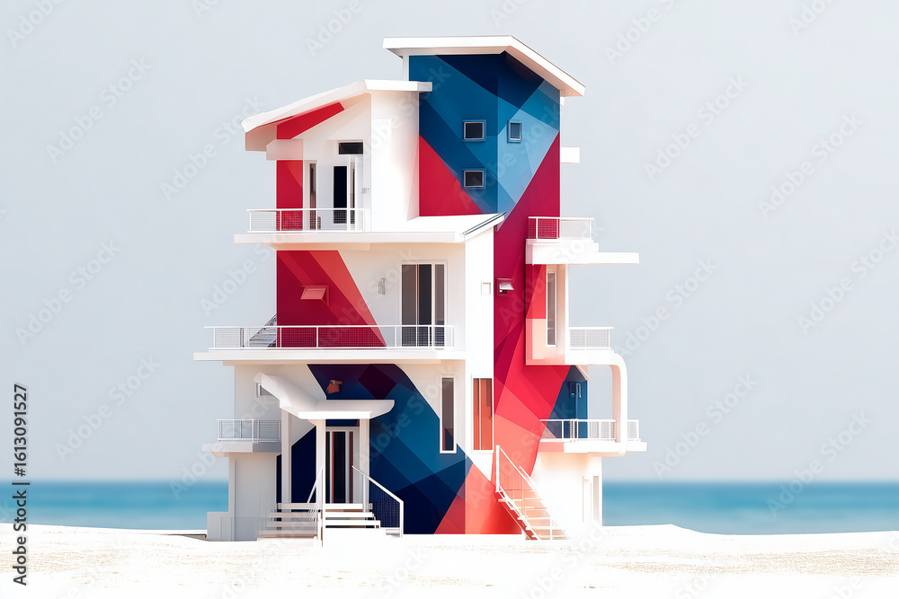 Obraz premium Multi-Level Modern Geometric Beach House with Diagonal Color Mural on White Sand Shore