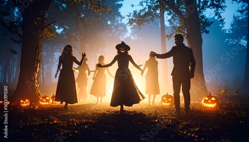 Silhouetted figures in a mystical Halloween forest dance around glowing jack-o'-lanterns