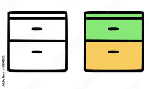 Two sets of drawers, one in black and white, the other in green and yellow.