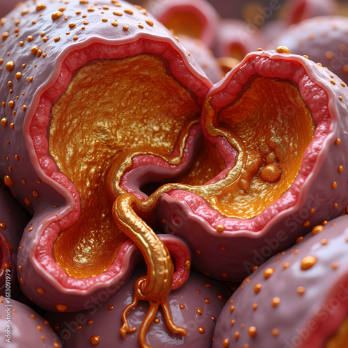 3D reconstruction of liver lobule:
1. [Zones] Periportal to centrilobular gradient
2. [Cells] Hepatocyte plates (gold) + Kupffer cells (red)
3. [Vessels] Sinusoids with fenestrated endothelium