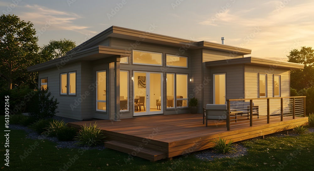 Fototapeta premium Modern House Exterior with Wooden Deck and Large Windows at Sunset