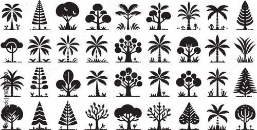 Palm tree silhouettes on a tropical summer landscape with beach and nature elements