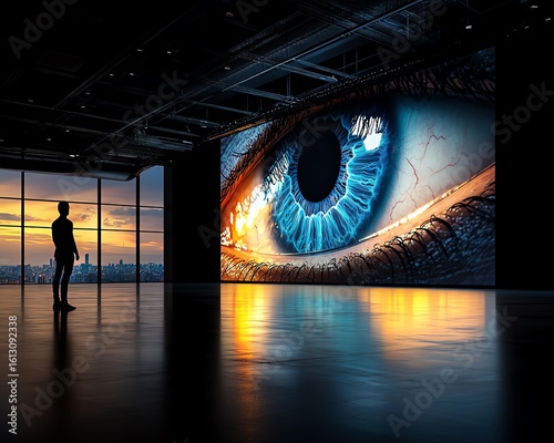 Person gazing at digital eye art installation.