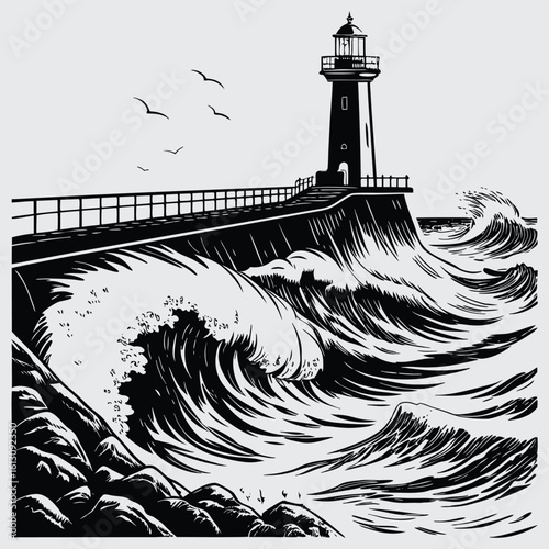Big waves crashing against breakwater image silhouette design vector art and illustration