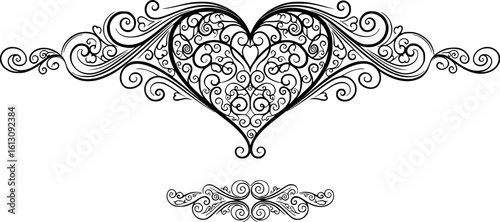 Filigree curly Calligraphic Heart, Fancy Line Flourishes Swirls hearts, curve romantic love separator, Valentines Day divider flourish Swirl, Calligraphy Flourish lettering header hearts scroll 