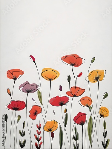 Stylized Poppy Field Illustration with Orange Red Yellow and Purple Flowers
