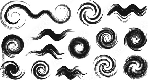 Abstract black ink brush strokes and swirls, Tribal tattoo decorative design motifs on a white background