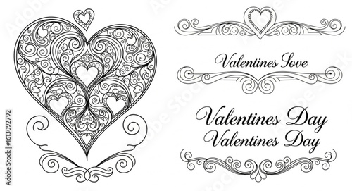 Filigree curly Calligraphic Heart, Fancy Line Flourishes Swirls hearts, curve romantic love separator, Valentines Day divider flourish Swirl, Calligraphy Flourish lettering header hearts scroll 