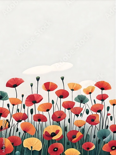 Stylized Poppy Field Illustration with Clouds and Soft Color Palette