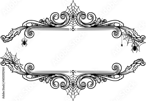 Halloween split monogram frame with spider web, ornate swirling decorative elements, fancy curls, line Calligraphy filigree scroll
