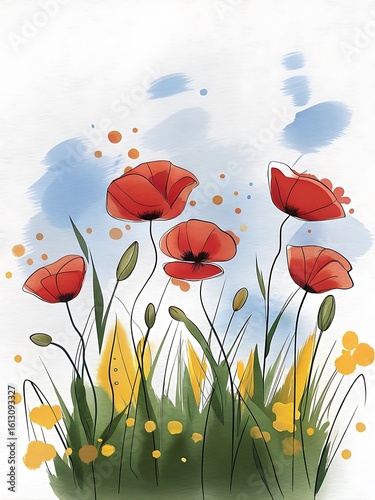 Watercolor Poppies Illustration with Blue Sky and Green Grass Elements