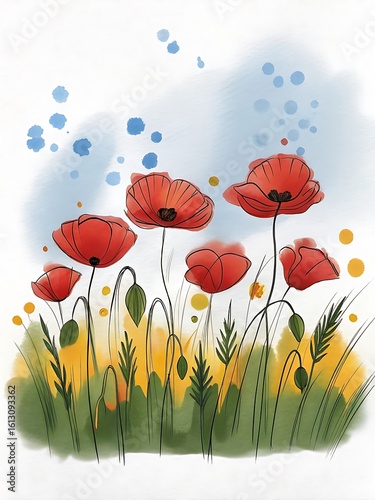 Watercolor Poppies Illustration with Blue and Yellow Accents on White Background