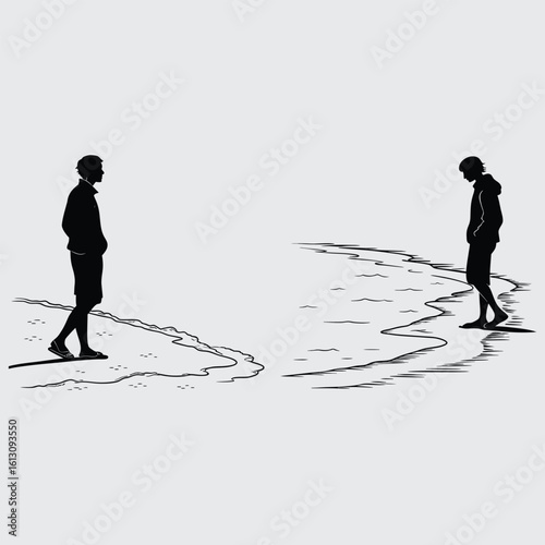  Thin line of tide meeting sand image silhouette design vector art and illustration