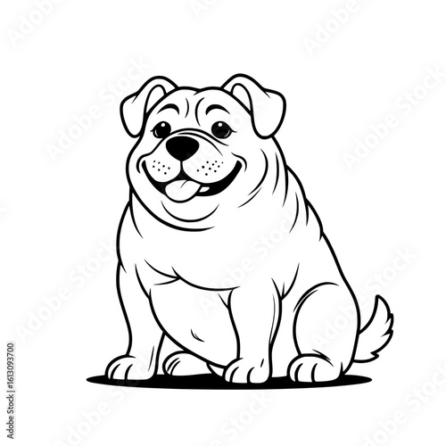 Adorable bulldog sitting happily in black and white cartoon sketch style