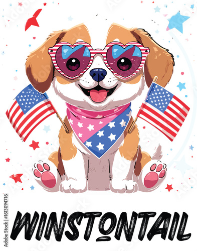 Kawaii Patriotic Puppy with Heart Sunglasses and American Flags – Cute Sticker-Style Illustration 