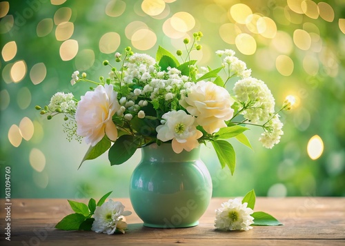 Pastel Vase with White Flowers & Green Leaves - Serene Home Decor Stock Photo