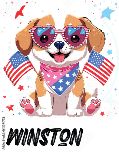 Kawaii Patriotic Puppy with Heart Sunglasses and American Flags – Cute Sticker-Style Illustration 