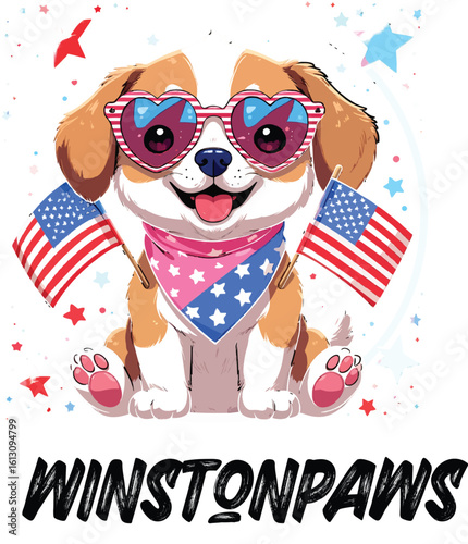 Kawaii Patriotic Puppy with Heart Sunglasses and American Flags – Cute Sticker-Style Illustration 