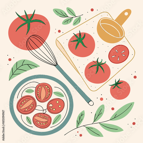 Seamless pattern with fresh red tomatoes and other healthy fruit and vegetable icons, a vibrant food illustration vector design