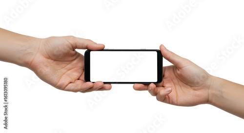 Collaborative display: two pairs of hands holding a smartphone with a blank screen.