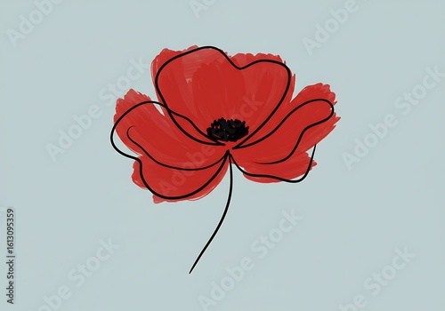 Abstract Red Poppy Flower with Black Outline on Light Blue Background