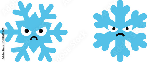 Expressive Blue Snowflake Characters with Grumpy and Sad Faces, Representing Cold Weather Emotions or Displeasure in a Playful Way.