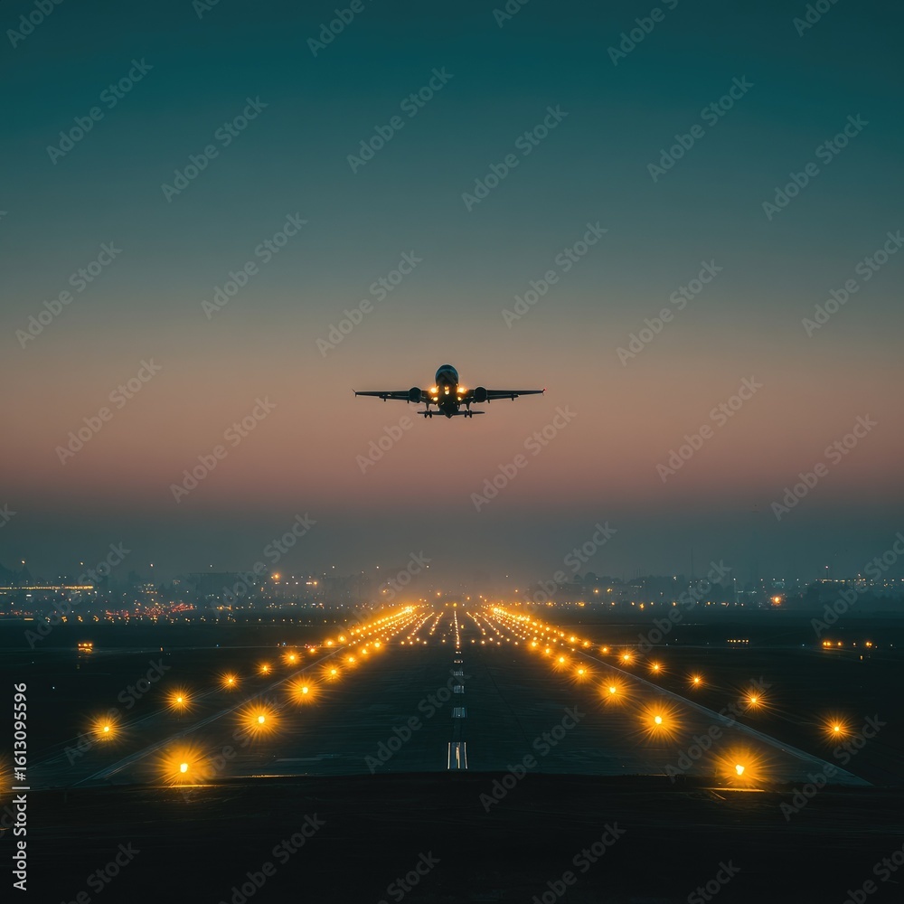 Fototapeta premium Airplane descending towards runway at dusk