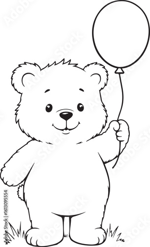 cute teddy bear black and white line art simple outlined drawing illustration vector printable coloring page on transparent background