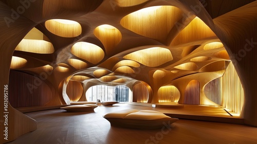 Interior with warm wooden structures and organic shapes. Natural light and soft seating create a welcoming ambiance