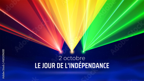 October 2, guinea independence day.  Guinea flag laser light show. National holiday. Laser beams, dj light party. Vector greetings card. Translation October 2nd Independence Day