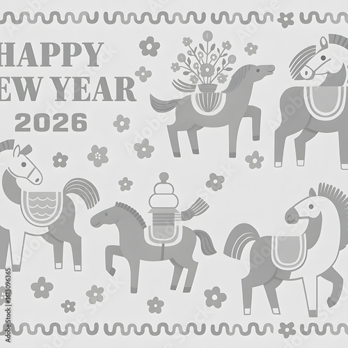 銀の民芸風 馬たちの2026年賀イラスト

