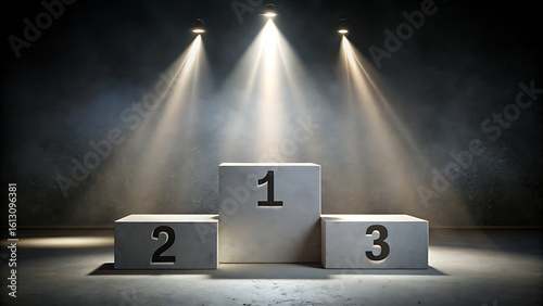 A stark winners podium with spotlights illuminating the first, second, and third places