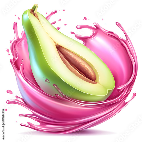 Vibrant Avocado Slice in a Pink Juice Splash High-Resolution Illustration.