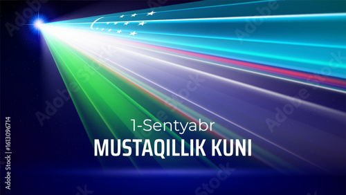 September 1, uzbekistan independence day. Uzbek flag laser light show. National holiday. Laser beams, dj light party. Vector greetings card. Translation September 1st Independence Day