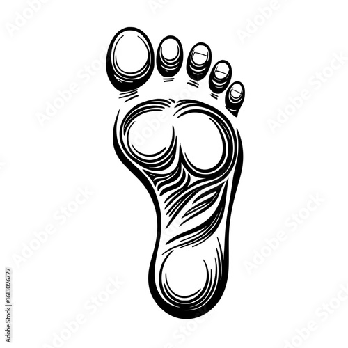 Line art vector of foot bottom anatomy showing detailed toes and curves