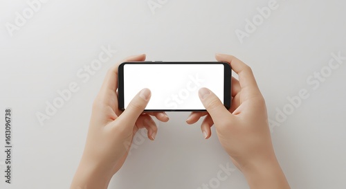 Hands Holding a Modern Smartphone Horizontally with a Blank Screen for Mockup Content