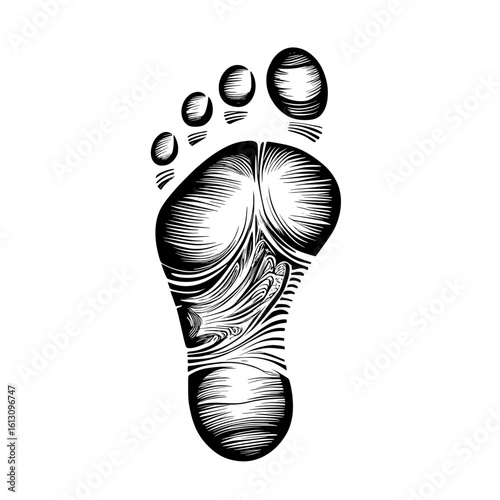 Detailed foot sole print from top angle in black and white vector drawing