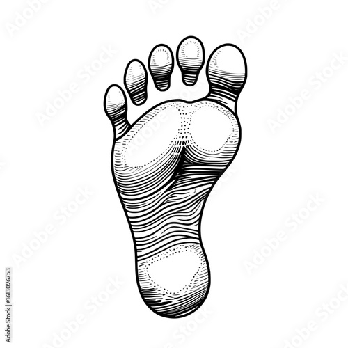 Black and white vector illustration of a realistic human foot sole top view
