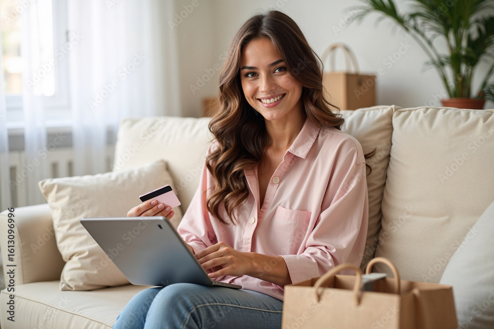 Fototapeta premium Beautiful Asian woman with a perfect smile holding credit cards