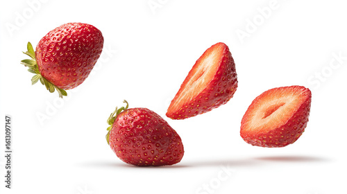 Vibrant red strawberries in mid-air against a pure white background, showcasing crisp detail.