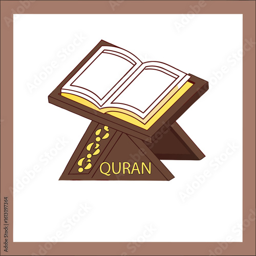 Open holy quran book on a decorative wooden stand