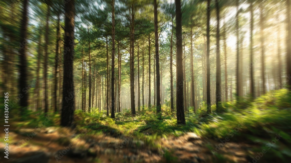 Obraz premium A serene forest scene bathed in soft sunlight, showcasing lush greenery and tall trees, perfect for nature lovers.