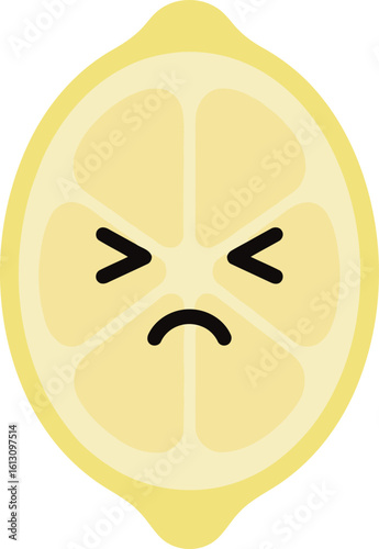 Sour Lemon Slice with Pursed Lips and Squinting Eyes, Expressing Tartness or Dislike Isolated on White Background