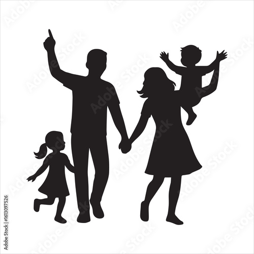 Couple in love, black silhouette in white background, happy family with kids, family with kids